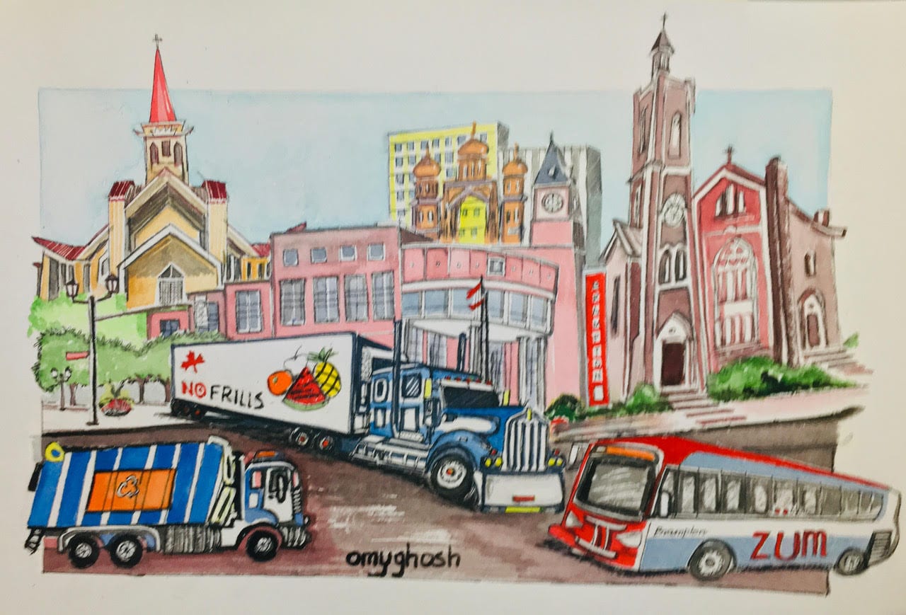 This painting is dedicated to all everyone in the Trucking industry, Ttc and Bus drivers,Garbage Collectors who are still working hard during this pandemic to keep us safe and comfortable in our homes